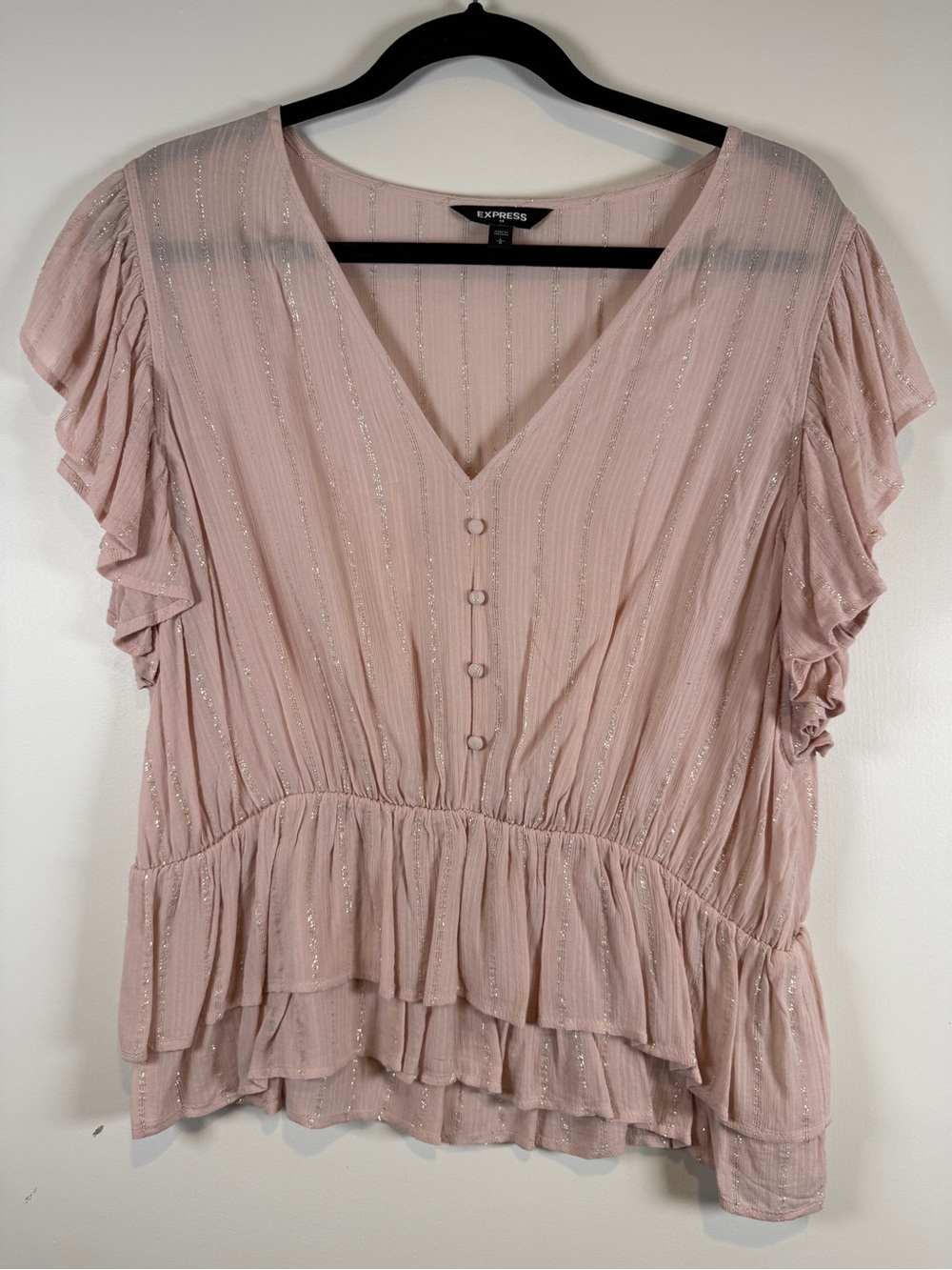 Express Blush Pink Metallic Stripe Ruffle V-Neck Blouse